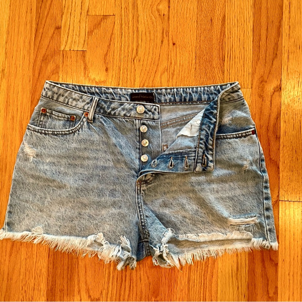 House of Harlow 1960 Distressed High-Rise Cutoff Shorts Raw Hem Button Fly 29